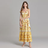 Yellow color suspender long dress popular summer dress yellow ceramic print vacation dress beach tube top skirt