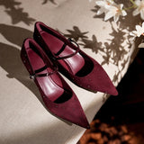 2025  Korean version of one-word buckle polka dot diamond temperament high heels women's burgundy senior sense pointed Mary Jane slope heel single shoes women