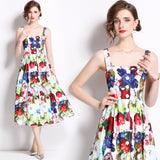 Suspender dress popular summer vacation poplin cotton yellow rose print big pendulum tube top princess fairy mid-length dress