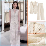 summer wear a complete set of high-end sense, unique and beautiful light luxury hollow V-neck vest, trousers set N4031