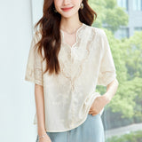 Cotton Cocoon V-Neck Positioning Embroidered Short Sleeve Shirt