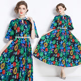 Fashion light luxury Sanzhai short-sleeved beaded stand-up collar waist thin a word gradual change color printing big pendulum pleated dress