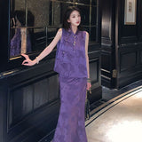 Autumn  new beautiful new Chinese style women's purple printed silk vest skirt set M7085