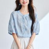 Cotton cocoon, summer new literary ramie retro embroidered shirt loose splicing printing thin shirt shirt