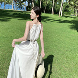2025 White sleeveless neck sling dress children's summer 2025 new seaside vacation style sexy split dress