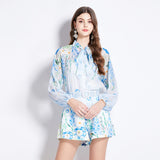 2025 suit women's sweet bow tie lantern long sleeve waist printed chiffon shirt + shorts two-piece set