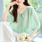Cotton cocoon, heavy industry embroidered flower shirt women's summer  retro temperament commuter versatile shirt
