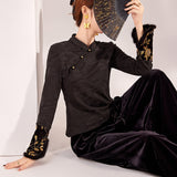 Autumn high-end new Chinese shirt  new national style embroidery cuffs gold splicing design top LZ808G