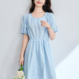 Cotton cocoon, white sweet short-sleeved dress women's summer new  design feeling pleated lace-up waist skirt