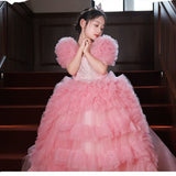 Kamames  Children's High-End Performance Costume Evening Dress Flower Girl Tail Little Girl Tulle Tutu Pink Princess Dress Catwalk Girl Dress