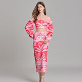 popular summer beach wind sexy halter strap long-sleeved top + strap skirt two-piece suit women