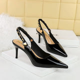 2025 1859-A1  style banquet women's shoes patent leather, shallow mouth, pointed head, hollow back strap, metal chain, high heel single shoes
