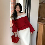 2025 popular autumn new temperament one-word collar versatile bottoming shirt long-sleeved knitted sweater women's top 25080