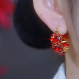 New Chinese Angora Red Sunflower Round Ear Buckle Sweet Fashion Burgundy Circle Earrings Shiny Red