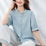 Cotton cocoon, thin blue shirt women's five-quarter sleeves  summer new crew neck top design loose shirt