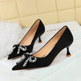 2025 1961-H61  style light luxury rhinestone bow pointed head thin heel middle heel satin single shoes wine glass and women's single shoes