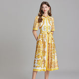 Popularan Station popular summer catwalk new retro printing medium and long dress lace-up waist lapel shirt dress