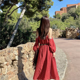 2025 Xinjiang Altay travel photo shell lace red dress women's bohemian vacation style coffee break dress