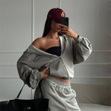 2025 Hot trade wasteland wind letter hooded sweater set women's high-end spring and autumn new street hole zipper set