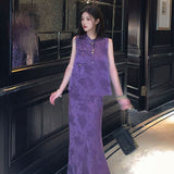 Autumn  new beautiful new Chinese style women's purple printed silk vest skirt set M7085