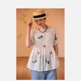 Mountain Free Women's Handmade Embroidery Skin-friendly Ramie, Fun Flower Embroidery Pullover T-Shirt, Top Shirt 220603