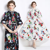 Popularan large-size women's clothing high-end printing heavy industry beaded pleated long dress pleated skirt temperament dress women