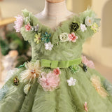 Kamames  Girls' Dress Green Elf Mori Style Flower Birthday Princess Dress Children's Host Catwalk Costume for Piano Performance Spring