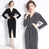 Celebrity temperament V-neck dress in the spring and autumn of popular, the new women's waist and thin sexy hip skirt