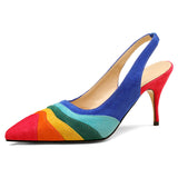 kamames Summer New Pointed Toe Shallow Mouth Rainbow Color-Blocking Stiletto Heel Sandals  plus Size Catwalk Banquet Wedding Shoes Women