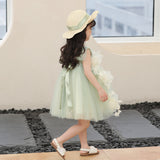 Kamames  Girls' Dress Summer Western Style Cute Baby Three-Dimensional Flower Princess Dress All-Match Ribbon Straw Hat Flower Skirt