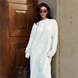 2025 style round neck loose wool dress spring and autumn new split fork loose and comfortable solid color dress Popular trade
