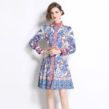 Spring and autumn retro court style long-sleeved stand-up collar waist and thin single-breasted a-word celadon printed dress dress