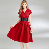 Red royal sister light and mature wind v-neck dress women's popular summer new sleeveless high waist slim and thin medium and long dress