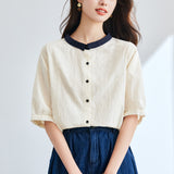 Cotton cocoon, color matching collar embroidered white shirt  summer new commuter casual women's Korean version versatile cardigan shirt