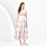 Women's Clothing Spring/Summer popular - Vacation Style V-Neck Lantern Sleeve Waving Edge Painted Mini Printed Cake Dress