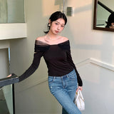 2025 popular spring new temperament one-word shoulder suspender bottoming shirt long-sleeved knitted sweater women's top 9729
