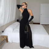 2025 Sexy wind off-the-shoulder dress Hepburn style high-end feeling spring and autumn new Spice girl neck dress long dress women's Popular trade