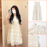 White Celebrity Temperament Design Flower Dress  Summer New High Waist Short Skirt M4002