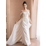 2025 White simple satin one-word shoulder light main wedding dress bride  new  high-end texture going out yarn