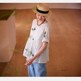 Mountain Free Women's Handmade Embroidery Skin-friendly Ramie, Fun Flower Embroidery Pullover T-Shirt, Top Shirt 220603