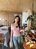 2025 popular spring new temperament one-word collar versatile bottoming shirt long-sleeved knitted sweater women's top 23209