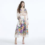 popular New new  retro printing breasted slim-fitting long Popular gas bubble sleeve dress temperament dress
