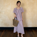 Summer fashion Korean version temperament Tencel long dress  simple and thin sweet lotus leaf sleeve dress women N4061