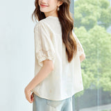 Cotton Cocoon V-Neck Positioning Embroidered Short Sleeve Shirt