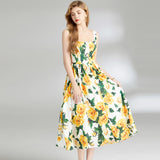 Suspender dress popular summer vacation poplin cotton yellow rose print big pendulum tube top princess fairy mid-length dress