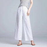 kamames Artistic Cotton and Linen Cropped Pants Wide-Leg Pants Draping Women's Loose Slimming Elastic Waist Striped Casual Pants Women's Summer New