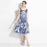Retro temperament blue and white porcelain printed waist a word ruffle edge dress elegant seaside vacation style suspender dress