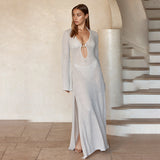 2025hollow split-ended bohemian long dress beach blouse V-neck flared sleeve long buckle beach dress