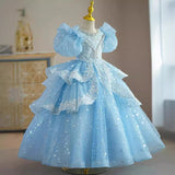 Kamames  Children's Dress  New Blue Color Birthday Princess Dress Girl Host Little Girl Catwalk Costume for Piano Performance