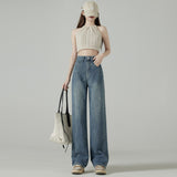 kamames High Waist Double Buckle Straight Jeans for Women  Spring and Autumn New Small Loose Drooping Wide Leg Mop Pants